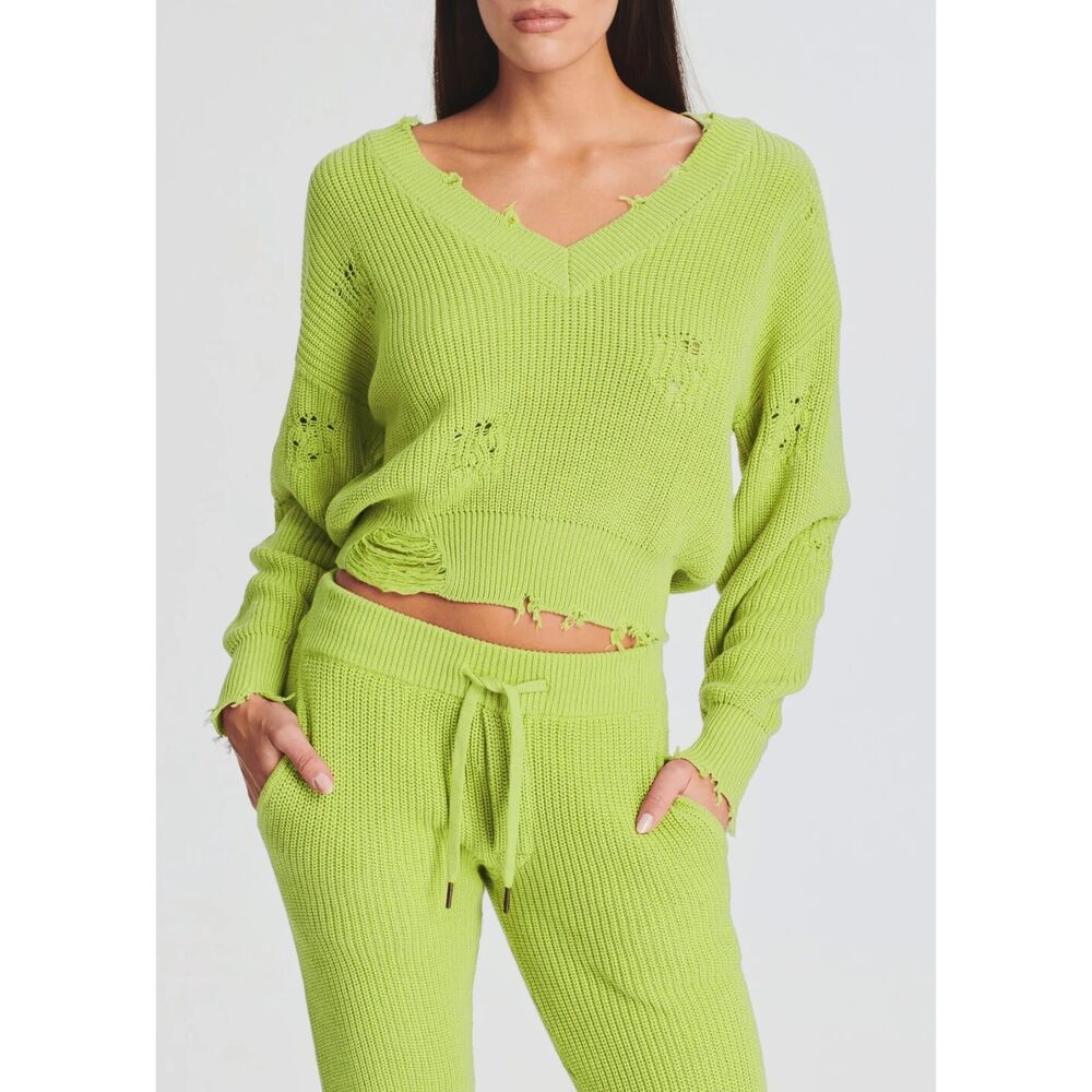 SER.O.YA Womens Sweater XL Neon Green Pullover VNeck Distressed Cotton SYD